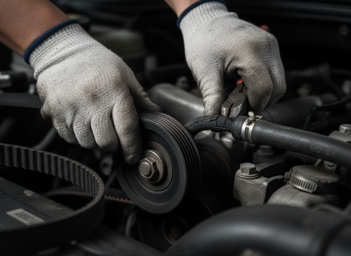 Mechanic inspecting engine belts and hoses at M&A Unique Performance