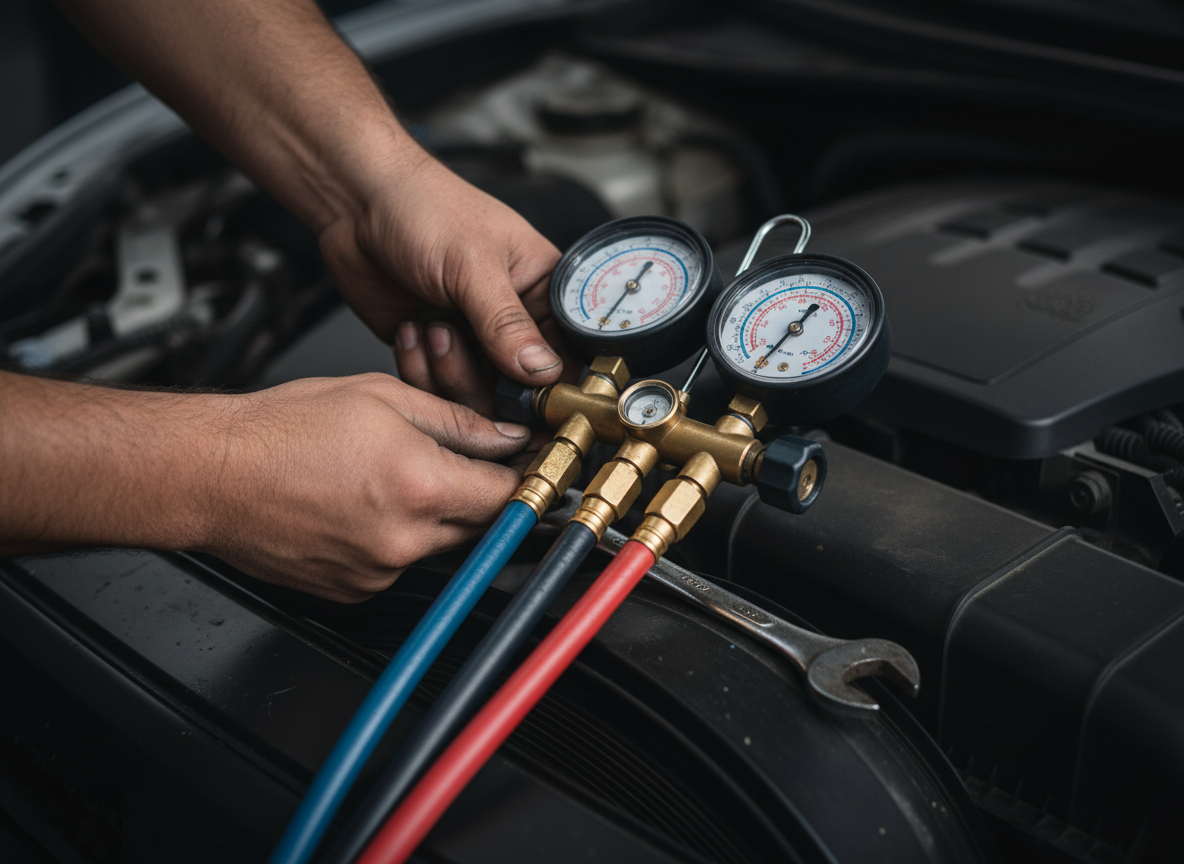 Mechanic servicing vehicle AC and heating system at M&A Unique Performance
