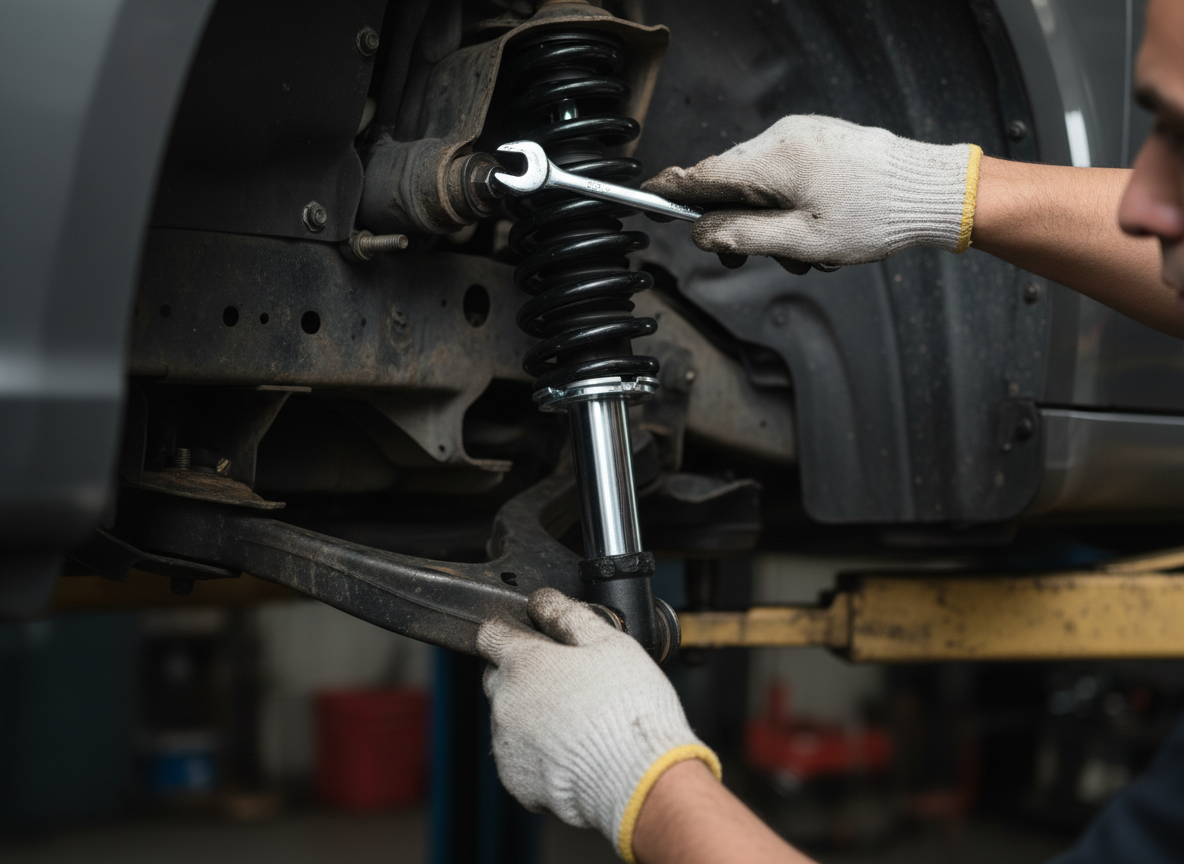 Mechanic working on suspension at M&A Unique Performance