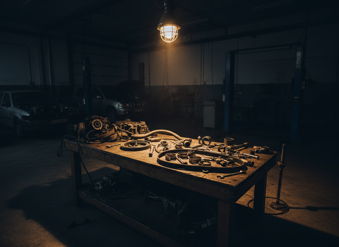 Belts and hoses on workbench