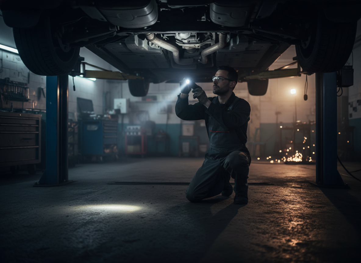 Mechanic inspecting vehicle undercarriage